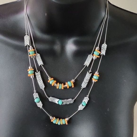 BleuNYC Silver, Torquois and Orange‎ Chevrons and Beads Layered Necklace - Picture 1 of 7